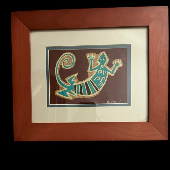 Gecko Painting Signed Sonia V Framed Matted Southwestern Petroglyph Textured 13 - Picture 1 of 7